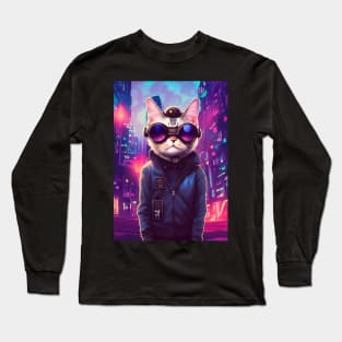 Techno Cat In Japan Neon City Long Sleeve T-Shirt